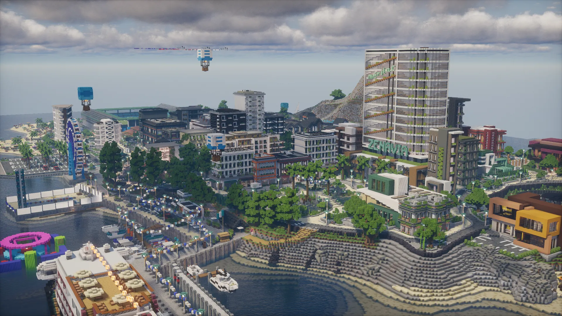 Vue d'ensemble de Mérilac : la ville, sa tour et son port